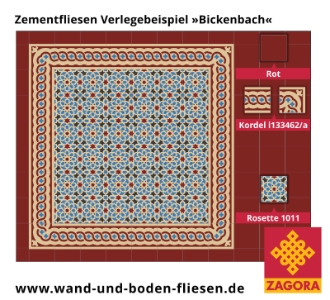 ZF-1011_Zementfliese-Rosette_blau-creme-rot_maurisch_Kordel_Verlegebeispiel-Bickenbach