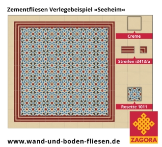 ZF-1011_Zementfliese-Rosette_blau-creme-rot_maurisch_Streifen_Verlegebeispiel-Seeheim