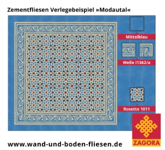 ZF-1011_Zementfliese-Rosette_blau-creme-rot_maurisch_Welle_Verlegebeispiel-Modautal