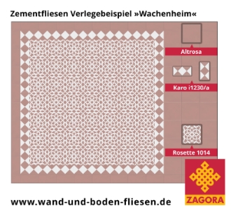 ZF-1014_Zementfliese-Rosette_rosa-weiß_maurisch_Karo_Verlegebeispiel-Wachenheim