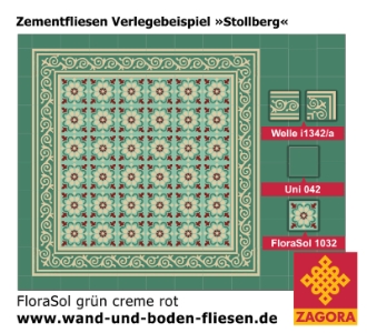 ZF-1032_Zementfliese_FloraSol-grün-creme-rot_floral_Verlegebeispiel_Stollberg